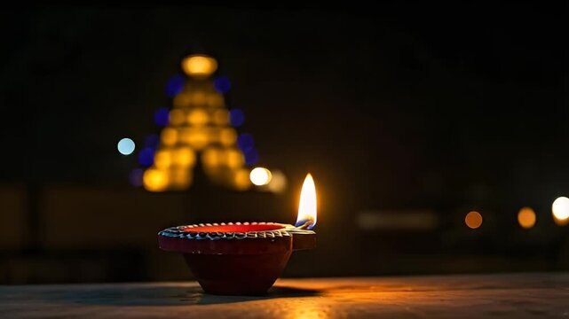 traditional indian diya lamp lit against temple background