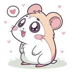 Adorable cartoon hamster with big eyes and a speech bubble containing a heart surrounded by small hearts