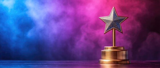 Prestigious Golden Star Trophy with a Glittering Face in Dramatic Neon Smoke