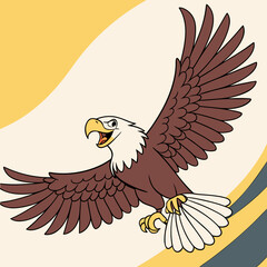 Cartoon bald eagle with wings spread wide in flight against a stylized background with yellow and gray stripes
