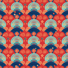 Fototapeta premium traditional chinese texture japanese seamless wave pattern oriental new year background flat vector illustration