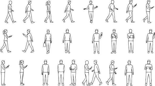 CAD Drawings. Set people outlines isolated on white background. Walking, standing, talking etc. Vector illustration.
