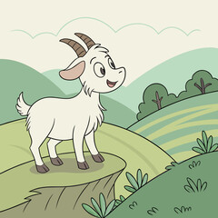 Cute cartoon baby goat standing on a grassy hill in a scenic landscape
