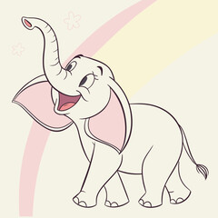 Cute cartoon baby elephant with trunk raised in joy and pink flowers and pastel rainbow background