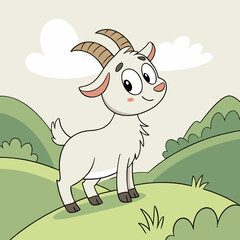 Cute cartoon baby goat standing on a green grassy hill with rolling hills and clouds in the background