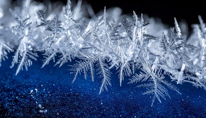 Delicate Winter Frost Crystals on Blue Metal Surface (Macro Close-Up)