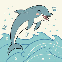 Cute cartoon dolphin joyfully leaping out of blue ocean waves with water splashes and droplets