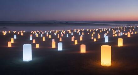 A vast field of glowing cylindrical lights in various colors illuminating the dark ground at dusk, creating a serene and ethereal landscape.