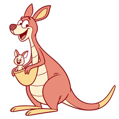 Cute cartoon kangaroo and joey smiling and happy in pouch on white background