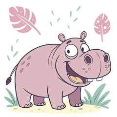 Cute cartoon hippopotamus smiling with big eyes and open mouth surrounded by tropical leaves and grass