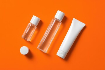 Three white cosmetic containers and a cap on a vibrant orange background; a tall clear bottle, a small square bottle, a tube, and a lid