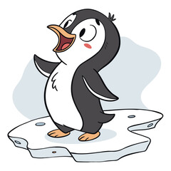 Cute cartoon penguin standing on an ice floe with its mouth open and wing raised