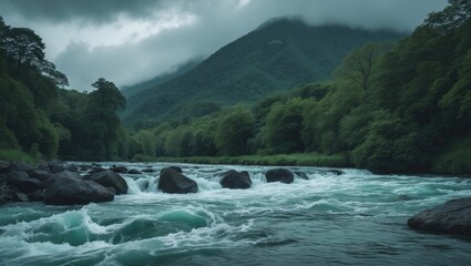 Lush green forest and mountain landscape with river and rocks, under cloudy sky. Nature scenery, lush greenery, and flowing water.