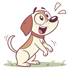 Excited cartoon dog with big eyes and open mouth jumping in grass
