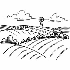 Hand drawn sketch of rolling farmland with a windmill and fluffy clouds on a bright day © Logo
