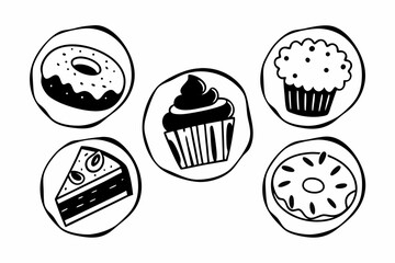 Hand drawn black and white icons of delicious donuts cupcakes and a slice of cake