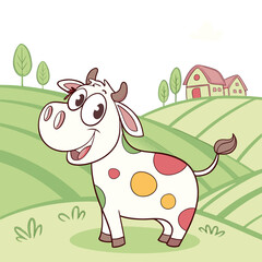 Happy cartoon cow with colorful spots standing in a green field with a farm in the background