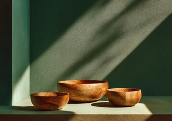Three wooden bowls of varying sizes sit on a light beige surface against a muted teal wall, bathed in sunlight casting dramatic shadows