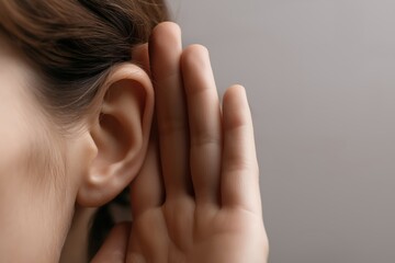 Close-up of a woman's ear, hand cupped to listen and eavesdrop carefully