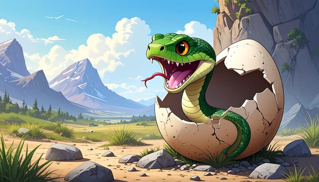 A hatchling snake emerging from an egg in a scenic landscape