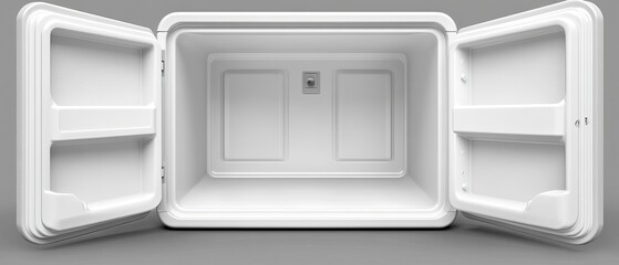 Empty White Cube Refrigerator: Minimalist 3D Render of Open Appliance