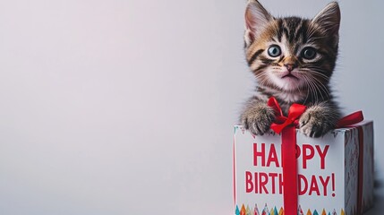 Adorable Tabby Kitten Peeking Out of a "Happy Birthday" Gift Box with Red Ribbon
