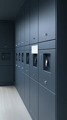 Modern Dark Blue Lockers with Keys and a Blank Label, Providing Secure and Organized Storage in a Contemporary Indoor Setting.
