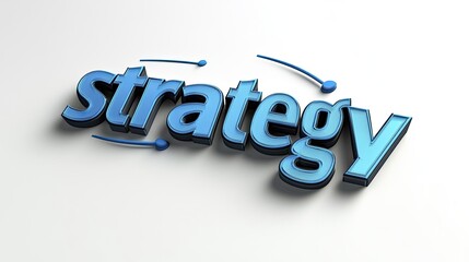Dynamic 3D Blue 'STRATEGY' Word with Pointers on White Background, Illustrating Business Planning and Goals