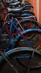 Obraz premium Row of colorful traditional pedicabs with vintage bicycle design parked near orange wall in urban street