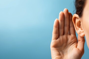 Woman's hand cupped to her ear, trying to eavesdrop and listen on a blue background