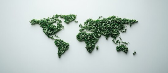 A Verdant World: Global Map Meticulously Crafted from Fresh Green Leaves on a Pale Background.