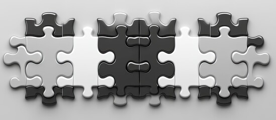 Abstract Interconnected Black and White Glossy Jigsaw Puzzle Pieces on a Light Grey Background Representing Connection, Teamwork, and Contrast