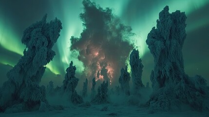 Ethereal Ice Pillars Under Aurora Borealis: A Surreal Winter Nightscape