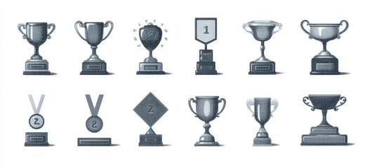 Twelve monochrome illustrations of awards trophies, cups, medals, and plaques, varying in style and placement on bases