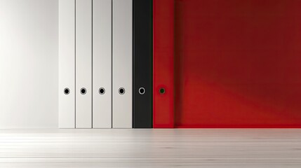 Minimalist Office Organization: Row of White, Black, and Red Binders on a Light Wooden Floor against a Clean White Wall