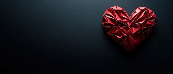 Textured Red Origami Heart on Dark Textured Background with Dramatic Lighting