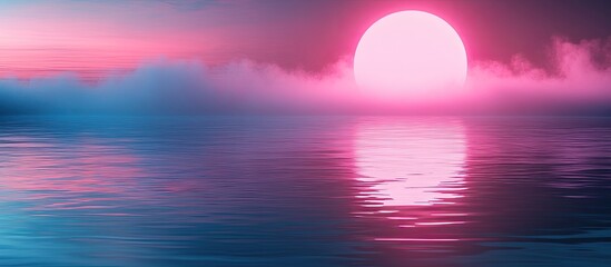 Vibrant Pink and Blue Sunset Landscape with Large Glowing Moon Reflected on Water
