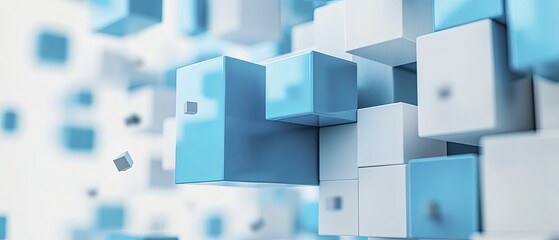 Abstract Blue and White Cubes with Depth of Field - Modern Geometric Technology Background
