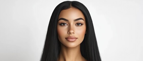 Beautiful Woman with Long Straight Black Hair and Natural Makeup on White Background