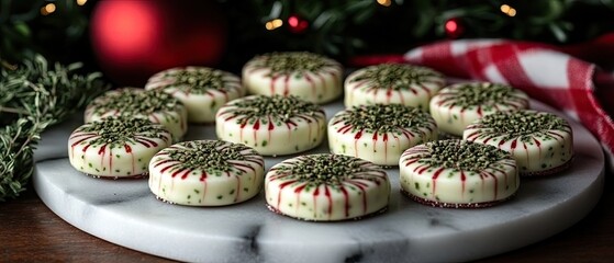 Festive White Chocolate Petit Fours with Red Drizzle and Pistachio Topping