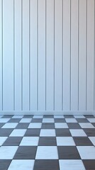 Empty Room Interior with White Wooden Plank Wall and Black and White Checkered Floor