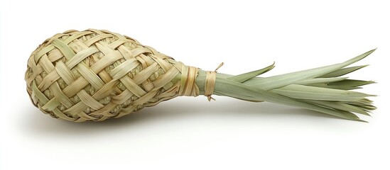 Artisanal Caxixi shaker, an intricately woven natural fiber percussion instrument isolated on a clean white background.