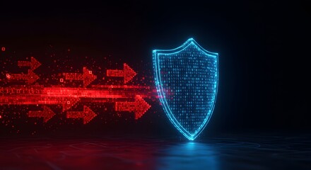 A holographic shield of binary code deflects pixelated arrows, a powerful metaphor for advanced cybersecurity, digital threat protection, and an impenetrable firewall