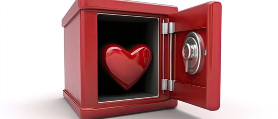 Open Red Safe Revealing a Shiny Red Heart, Symbolizing Protected Love and Valued Emotions, Isolated on a Clean White Background.