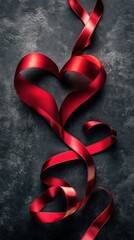 Lustrous Red Ribbon Heart Unfurling on a Dark Textured Surface