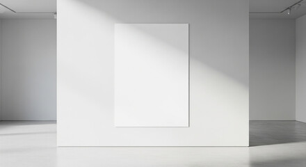 Fototapeta premium A blank white rectangular canvas hangs on a clean white wall in a modern art gallery with sunlight casting diagonal shadows.