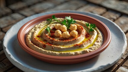 Aplate of hummus garnished with chickpeas, olive oil, paprika, and parsley on a rustic wooden surface.