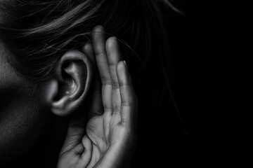 Obraz premium Hand cupped to ear in darkness, a dramatic attempt to listen and eavesdrop