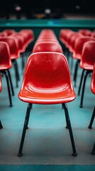 Red Plastic Chairs in Rows: Perspective, Color, and Texture.