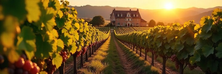Naklejka premium Golden hour sunlight bathes rows of ripe grapes in a picturesque vineyard, leading to a charming winery building in the distance A perfect autumn harvest scene , countryside, idyllic, foliage